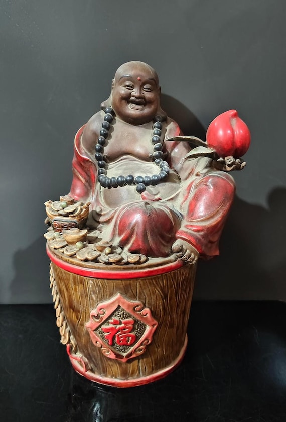 石湾陶器弥勒菩薩像：桃を啄む笑う仏 - Etsy 日本