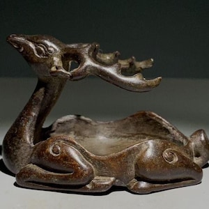 Antique Bronze Deer Figurine: Chinese Plum Blossom Brush Washer