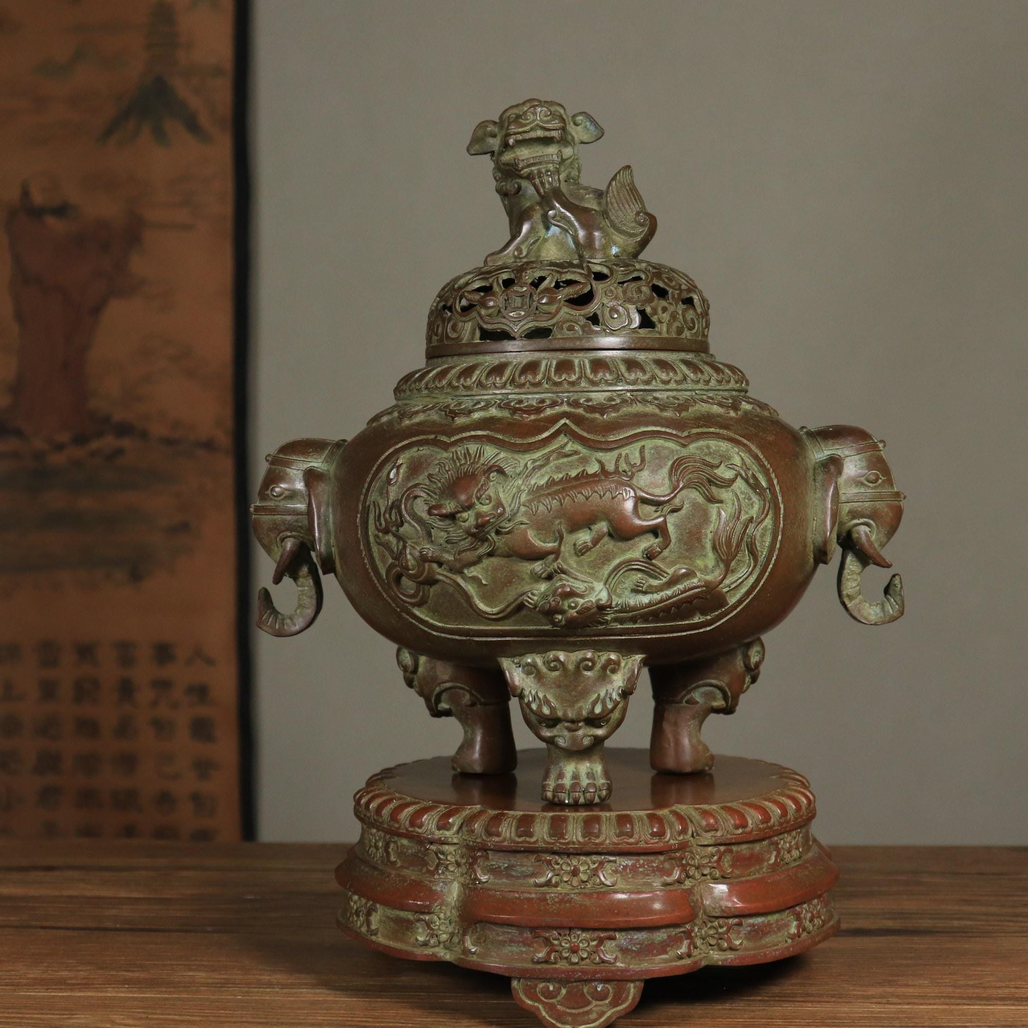 アンティーク中国製真鍮香炉：象耳香炉、守護獅子モチーフ - Etsy 日本