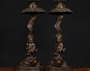 Chinese Antiques Pure Copper Liu Hai Playing with Golden Toad Candleholder, Vintage Ornament candelabrum
