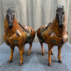 Antique Chinese Cloisonné Tang Dynasty Horses: Enamel Bronze Statues