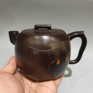 Chinese Zisha Teapot, Mud Painted Yixing Style Teapot, Black Jiangpo Clay Tea Pot, Grape Vine Decoration, Handmade Chinese Teaware