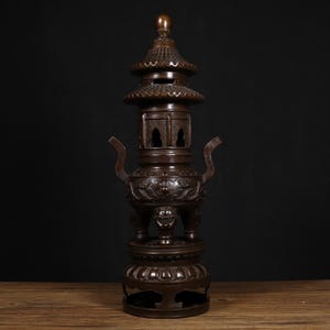Solid Bronze Incense Burner | Chinese Dragon Temple Censer with Pagoda Lid | Meditation, Feng Shui, Home Decor, Collectible