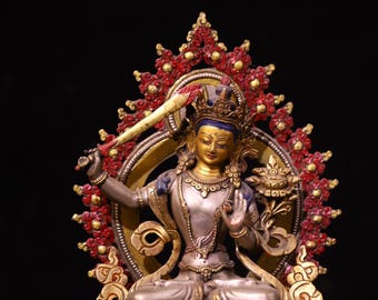 Silver Manjushri Statue | Hand Hammered & Chased, Gilt Details | 19cm Buddhist Wisdom Deity Sculpture