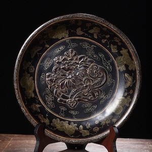 Antique Chinese Carved Lacquer Plate: Gilded Floral Relief, Oriental Decor