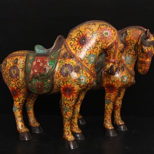 Antique Chinese Cloisonné Tang Horses Pair – Enamel Copper Statuary, Feng Shui “Success” Decorative Sculptures，corporate office decoration