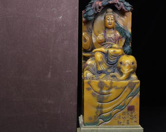 Gran escultura de sello de piedra de Shoushan, estatua budista tallada a mano del bodhisattva Samantabhadra con forma de elefante.
