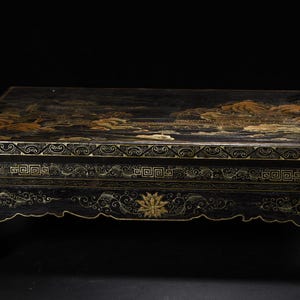 Large Antique Chinese Gilt Lacquer Scholar's Table, Hand Painted Landscape Pavilion Display Stand, Wooden Bonsai Altar Stand