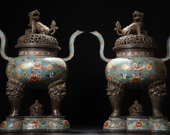 Grote Chinese cloisonné wierookbrander: wierookvat lotus en leeuw
