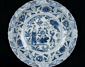 Antique Blue and White Porcelain Plate: Water Margin Hero Figures, Floral Scroll