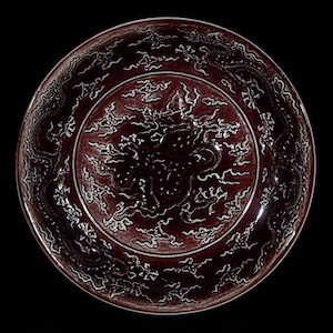 Chinese Ji Blue Glazed Porcelain Charger,Carved Cloud Dragon in Underglaze Red,Large Imperial-Style Plate,Collector’s Display Piece