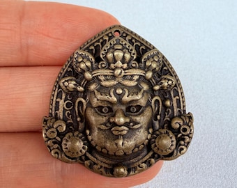 2PCS  Vintage White Copper Mahakala Mask Pendant, Tibetan Wrathful Deity Amulet, Buddhist Protector Necklace, Mahakala Face Talisman, 30mm