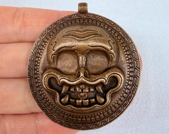 Vintage Brass Guardian Mask Amulet Pendant, Chinese Taotie Style Talisman, Protective Charm