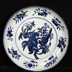 Chinese Antique Blue and White Porcelain Plate, Branching Fruit Flowers and Parrot Design, Ming Style Dish, Home Decor, Gift, Collectible