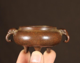 Chinese Antique Style Bronze Elephant Ear Incense Burner Small Tripod Censer Decor