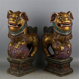 Tang Sancai Foo Dog Lion Statue Pair: Chinese Antique Feng Shui Decor