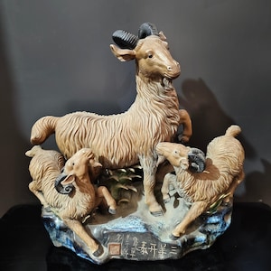 Antique Shiwan Ceramic Goat Trio Statue – San Yang Kai Tai Ram Figurine – Handcrafted Pottery Zodiac sheep – Home Decor & Feng Shui Gift