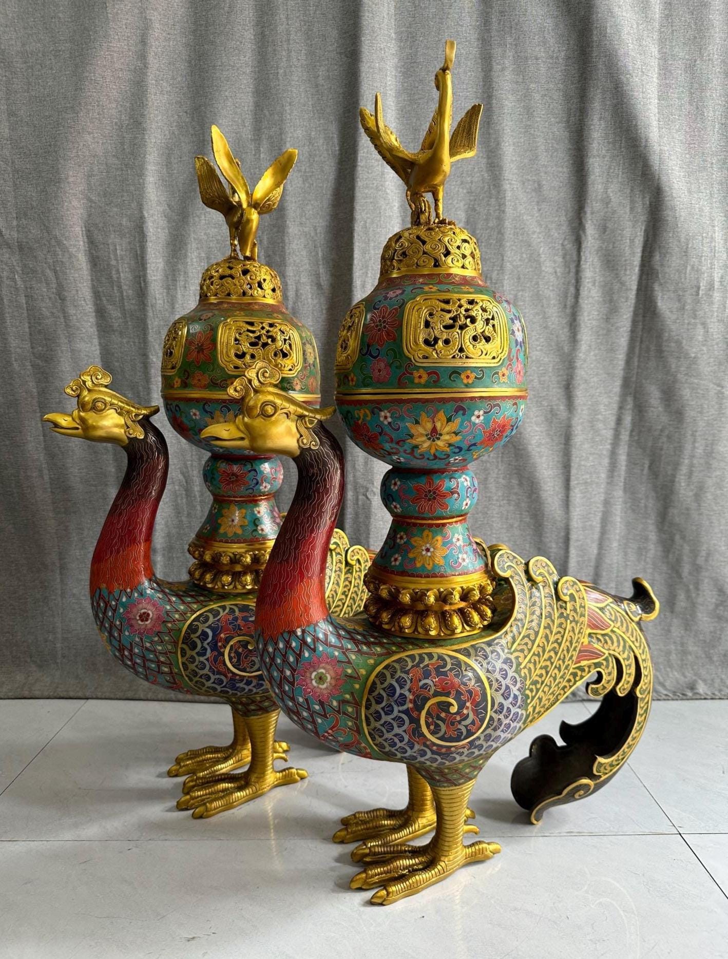 七宝焼き鳳凰香炉：手作りの中国製エナメルブロンズ香炉ペア - Etsy 日本