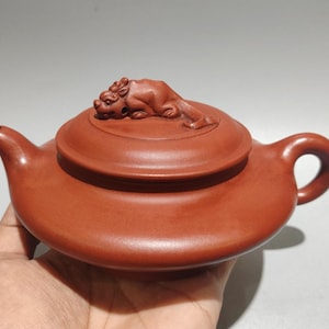 May include: A reddish-brown ceramic teapot with a lid featuring a small animal sculpture. The teapot has a curved spout and a rounded handle. The teapot is held in a hand.