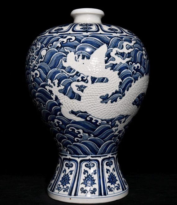明代青白龍花瓶：アンティーク風中国磁器 - Etsy 日本