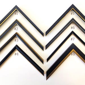 Könnte beinhalten: Acht schwarze Bilderrahmen-Ecken mit goldenen oder schwarzen Innenkanten werden vor einem weißen Hintergrund gezeigt. Jede Ecke ist mit einer Nummer von 1 bis 8 versehen.