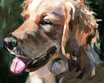 May include: A painting of a golden retriever dog with its tongue sticking out. The dog is looking to the left of the frame. The painting is done in a loose, impressionistic style with visible brushstrokes.
