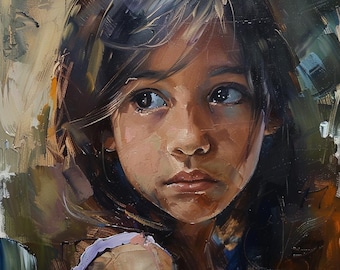 May include: A painting of a young girl with dark brown hair and eyes. She is looking off to the side with a thoughtful expression. The painting is done in a realistic style with loose brushstrokes.