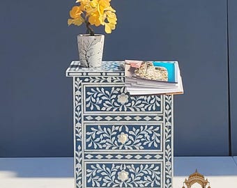 Handgefertigter Nachttisch aus Knochen, Türkisfarbenes Blumenschränkchen, Modernes Aufbewahrungsmöbel
