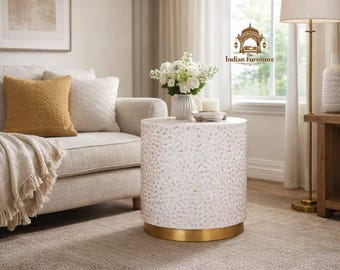 Handcrafted Mother of Pearl Side Table, Turquoise Floral Pattern Accent Furniture