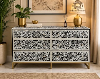 Black Bone Inlay Cabinet: Floral 6-Drawer Storage Unit
