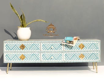Handcrafted Bone Inlay Media Console, Turquoise Floral Pattern Furniture