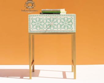 Handcrafted Bone Inlay Nightstand, Turquoise Floral Cabinet, Modern Storage Furniture