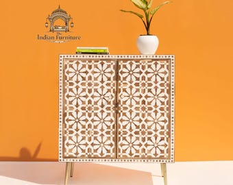Inlay Cabinet: Floral Design, Turquoise Accent Chest, Handcrafted Nightstand