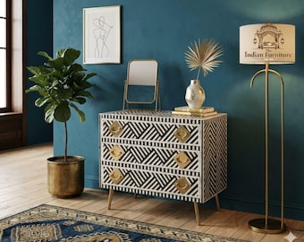 Mesita de noche artesanal con incrustaciones de hueso, armario floral negro y turquesa, mueble de almacenamiento moderno.