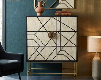 Handcrafted Black Bone Inlay Bar Cabinet, Modern Storage Furniture