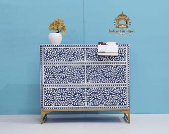 Mobiletto con intarsi in osso blu, 3 cassetti, elegante mobiletto con decorazioni floreali.