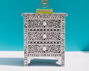 Mesita de noche artesanal con incrustaciones de hueso, armario floral turquesa, mueble de almacenamiento moderno.