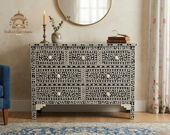 Handmade Bone Inlay Sideboard,  Floral Geometric 7 Drawers Cabinet