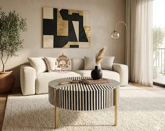 Mesa de centro redonda hecha a mano con incrustaciones de hueso – Mesa auxiliar floral, muebles indios de lujo