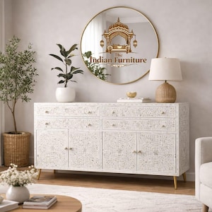Aparador con incrustaciones florales de nácar, mueble de almacenamiento indio hecho a mano, 4 puertas, 4 cajones.