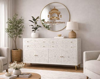 Aparador con incrustaciones florales de nácar, mueble de almacenamiento indio hecho a mano, 4 puertas, 4 cajones.