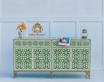 Green Bone Inlay Cabinet: Floral 2-Drawer 4-Door Storage Unit