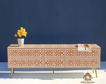 Handcrafted Bone Inlay Media Console, Turquoise Floral Pattern Furniture