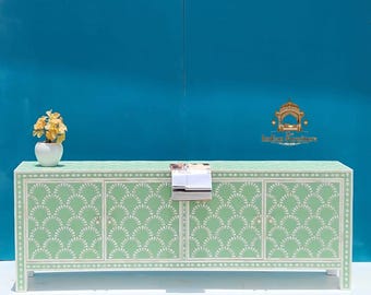 Armoire à incrustations d'os vert | Meuble buffet géométrique hexagonal