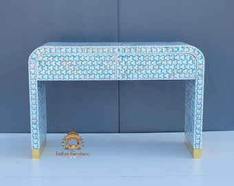 Modern Mother of Pearl Entryway Table With Bold Geometric Pattern, Luxury Hallway Furniture