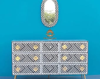 黒骨象嵌キャビネット、花柄、引き出し9段収納ユニット