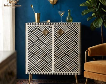Bone Inlay Cabinet: Floral Design, Turquoise Accent Chest, Handcrafted Nightstand