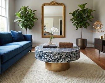 Ręcznie robiony okrągły stolik kawowy z intarsją z masy perłowej w kolorze niebieskim – Floral Indian Furniture