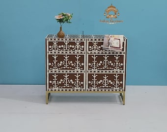 Brown Bone Inlay Cabinet, Floral Pattern, 6-Drawer Storage Unit