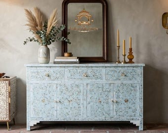 White Mother of Pearl Cabinet: Floral 3-Drawer 4-Door Storage Unit